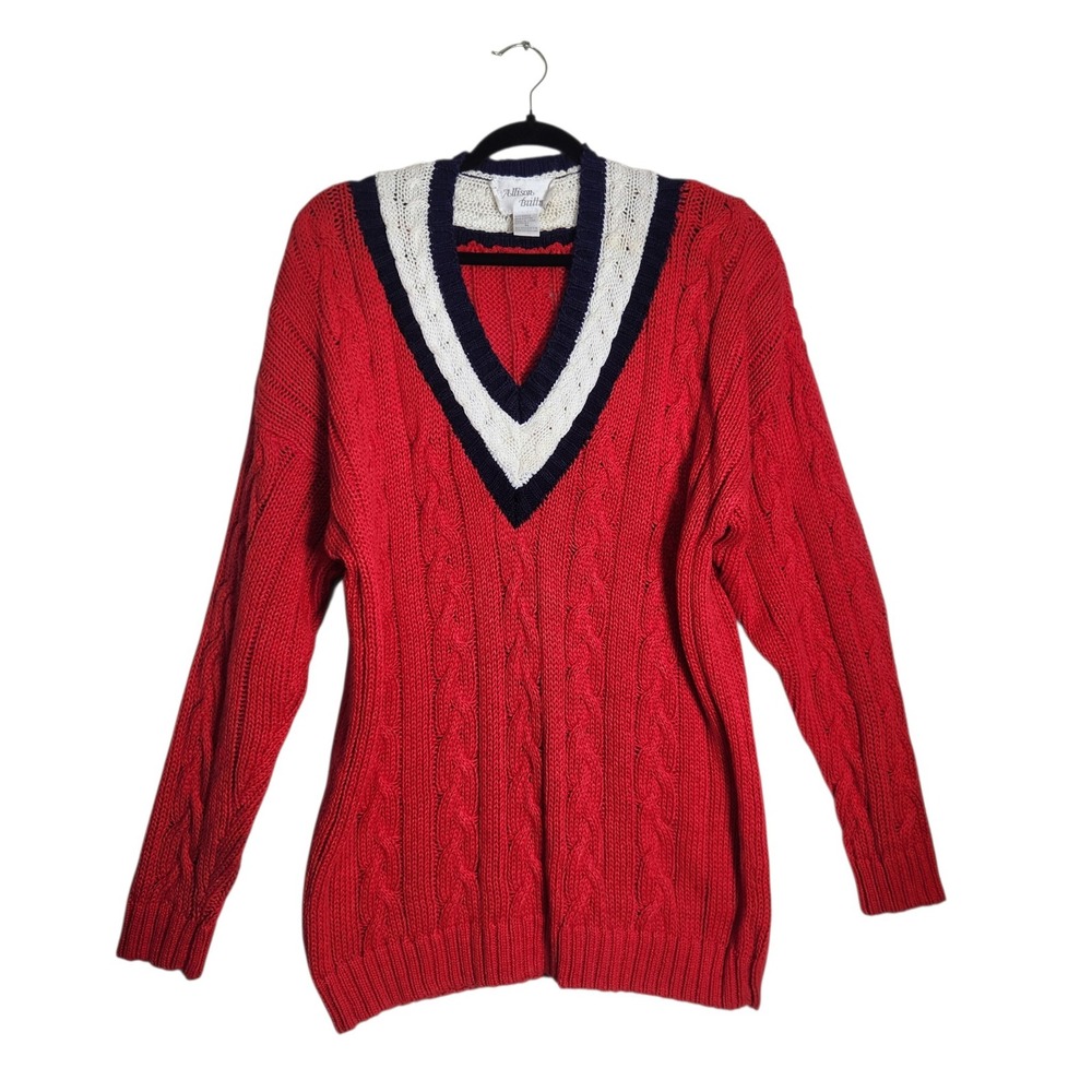 Allison Brittney Red Cable Knit Varsity V-Neck Sweater Medium Vintage Preppy